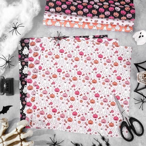 JarThenaAMCS 12Pcs Halloween Cotton Fabric Bundles Pumpkin Ghost Flower Fabric Squares 10 x 10 Inch Small Pink Black Sewing Fabrics for Halloween DIY Craft Party Decor