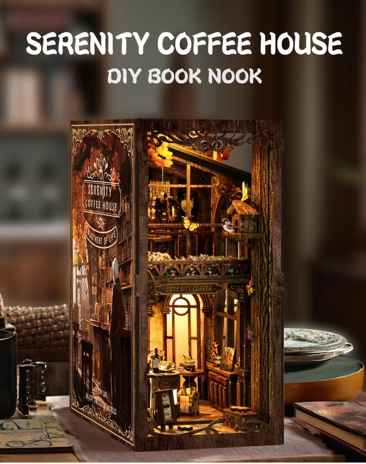 Book Nook Serenity Coffee House 3D Wooden DIY Miniature Kit with LED Lighting - Vintage Bookshelf Decor for Adults
