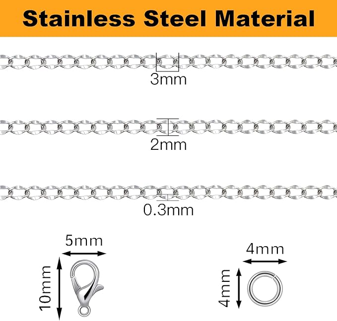Jishi 33ft Twisted Cable Chain 2mm Silver Stainless Steel Link Chain, Jewelry - Image 3