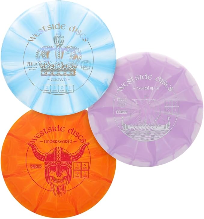 Westside Discs Origio Burst 3-Disc Golf Starter Set - Ideal All-in-One Disc Golf Set for Men - 1x Fairway Driver, Midrange & Putter Discs - Colors Will Vary