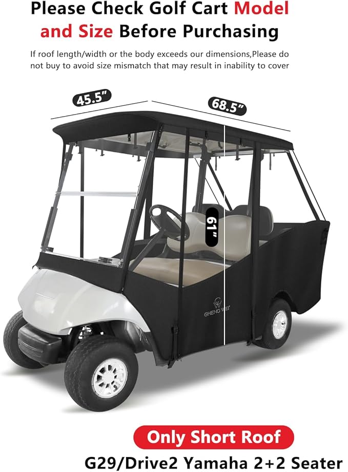 Golf Cart Enclosure 4 Passenger,Golf Cart Cover for Yamaha G29/Drive2 Short Roof 2+2 Seater,Waterproof 600D Oxford Rain Cover,Roll Up 4-Sided Clear Windows&Door