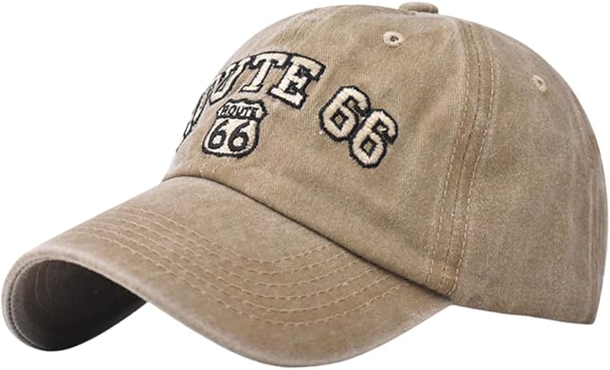 Vintage Washed Cotton Baseball Caps for Women Men Classic Route 66 Embroidered Sun Protection