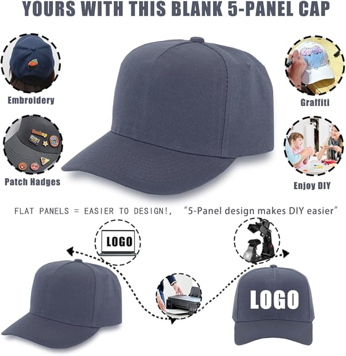 ZH 12 PC 5 Panel Baseball caps, Bulk Baseball caps, Customizable DIY Design, Wholesale Caps, One-Size-Fits-All