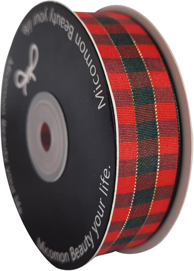 Micomon X'Mas Gingham Ribbon Green Red Metallic Gingham Ribbon 25 Yards Each - Image 2