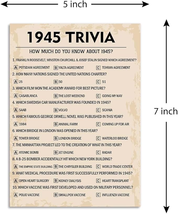 80th Birthday Party Games, 1945 Trivia Games, Birthday Party Supplies - Image 2