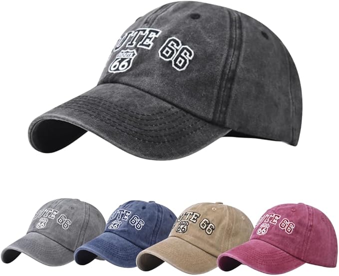 Vintage Washed Cotton Baseball Caps for Women Men Classic Route 66 Embroidered Sun Protection