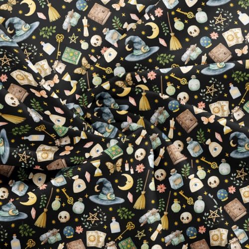 Halloween Gothic Fabric by The Yard Exotic Sun Moon Skull No Stretch Fabric for Sewing Supplies Cartoon Butterfly Book Plants Soft Polyester for Home DIY Projects 2 Yards Whole Piece,72" L x 59" W