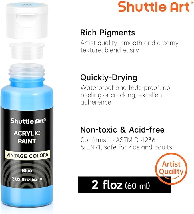 Shuttle Art Acrylic Paint Set, 25 Vintage Colours, 2oz/60ml Bottles, Rich - Image 3