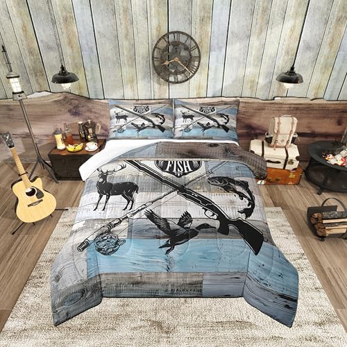 Hunt Fish Comforter Set Twin Size,Deer Bird Fish Animal Hunting Quilt Set for Kids Boys Bedroom Gift,Rustic Retro Wooden Board Polyester Bedding Set with 1 Pillowcase,2Pcs