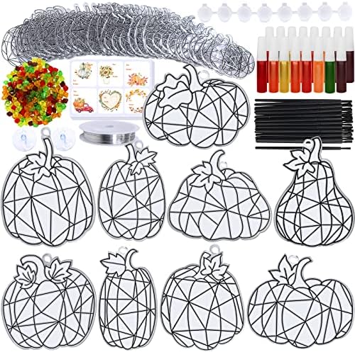 Winlyn 27 Sets Pumpkin Suncatchers DIY Window Paint Art Suncatchers Fall Pumpkin Craft Kits Autumn Pumpkin Sun Catchers for Kids Classroom Halloween Thanksgiving Art Activities