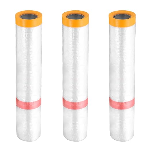 HARFINGTON 3 Rolls Pre-Taped Masking Film 157.5" x32.8ft Double Adhesive Tape by HARFINGTON