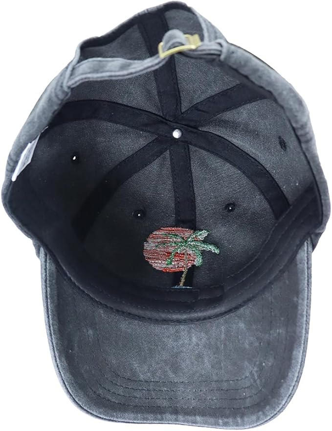 Summer Beach Sun Hat for Men Women, Tropical Themed Embroidered Adjustable Baseball Cap with Palm Tree and Sunset Design