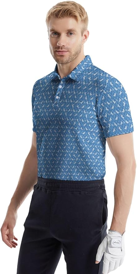 HUURAY Funny Golf Polos for Men Funny Print Short Sleeve Shirts Quick Dry Polo Shirts Hawaiian Shirt Performance Golf Outfits
