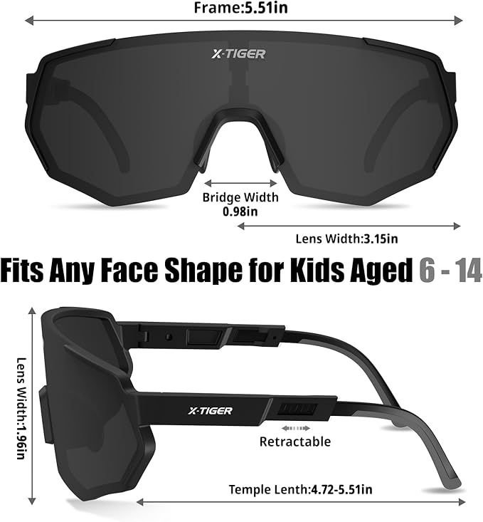 X-TIGER Polarized Youth Baseball Sunglasses UV400 Kids Sunglasses Boys Girls 8-12 Youth for Softball Cycling Sports Glasses