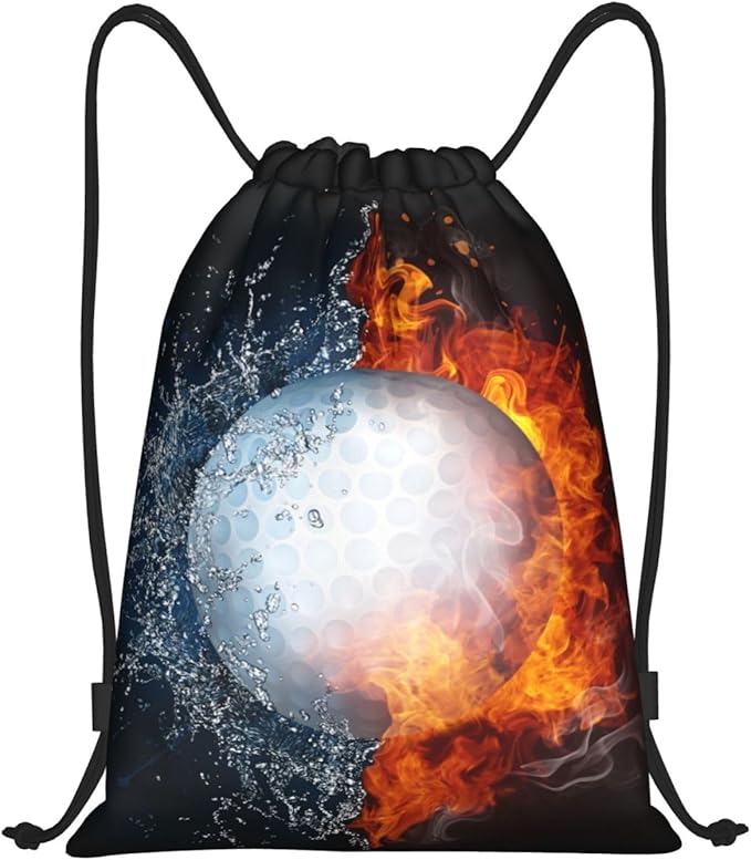 Golf Drawstring Bag with Water and Fire Pattern Printed Sports Drawstring Backpack for Kids Teens Boys Girls Adults Women Men, Sport Gym Swim Travel Work Hiking Daypack Bag, Small