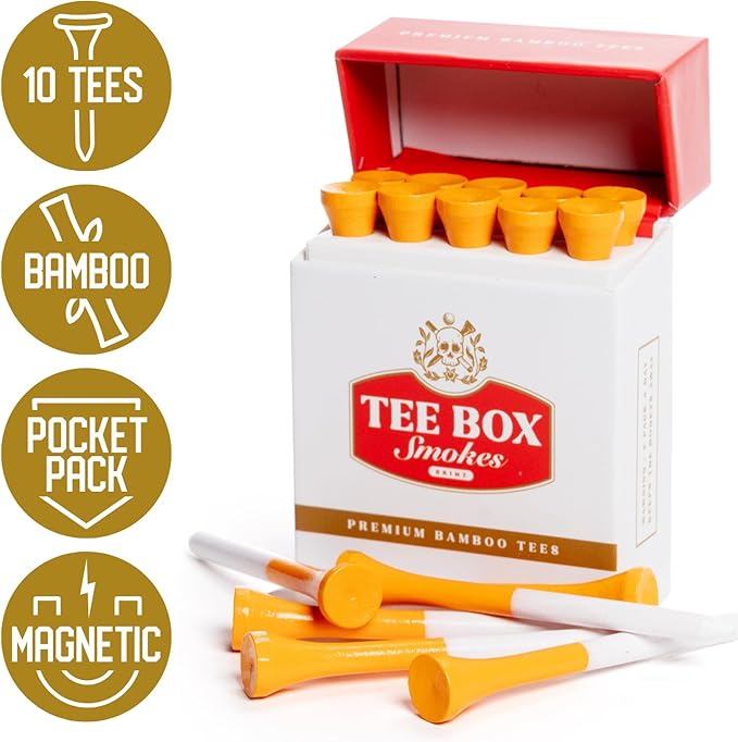 BRIMZ Tee Box Smokes Premium Bamboo Golf Tees – Magnetic Reusable Golf Tee Case – 2 ¾ Inch Eco Friendly Bamboo Tees – Funny Golf Gift for Men & Women – Golf Accessories (10 Tees)