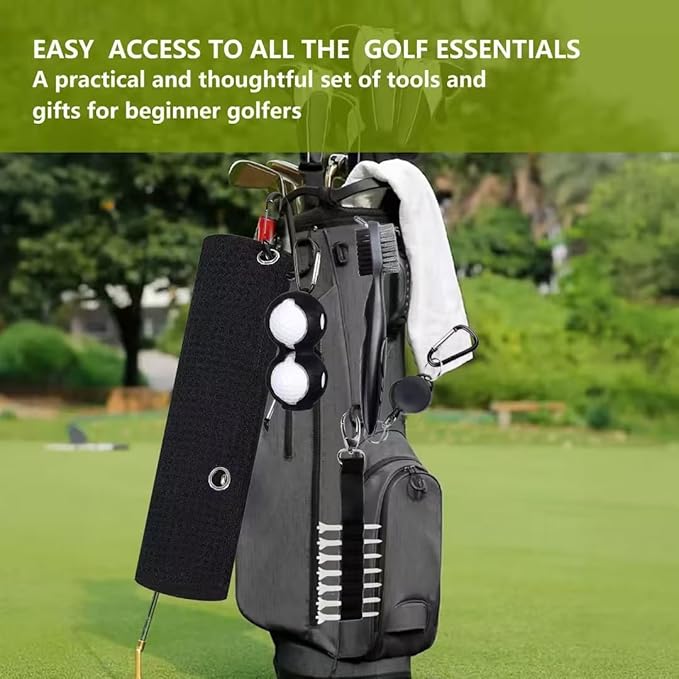 23P Golf Essentials Kit -Golf Green Fork, Golf Brush,Accessory Pack, Golf Towel, Golf Club Brush, Golf Ball Marker, Divot Repair Tool, Golf Ball & Golf Tee Holder,Golf Gifts for Men