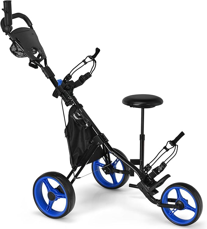 Tangkula Foldable Golf Push Cart, Navy Blue, Sturdy Steel Frame, Adjustable Handle, Ball Bearing Wheels, Foot Brake, Waterproof Storage Bag
