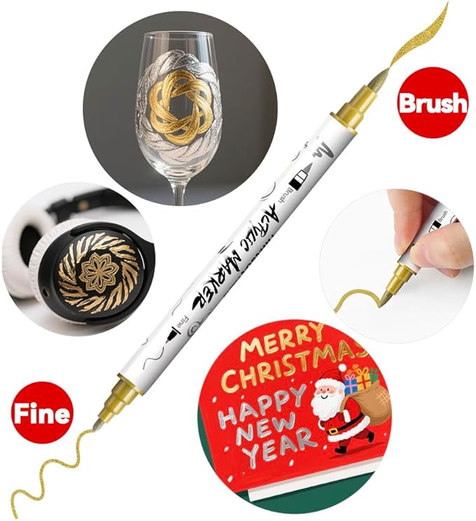 TRANSON 2 Gold, 2 Silver, 2 Black and 2 White Paint Markers Brush and Fine - Image 3