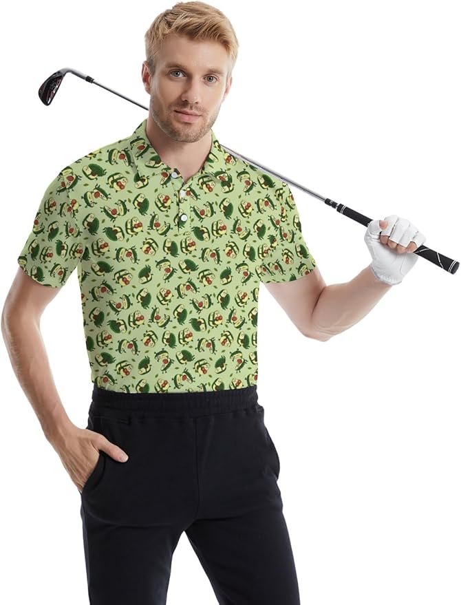 HUURAY Funny Golf Polos for Men Funny Print Short Sleeve Shirts Quick Dry Polo Shirts Hawaiian Shirt Performance Golf Outfits