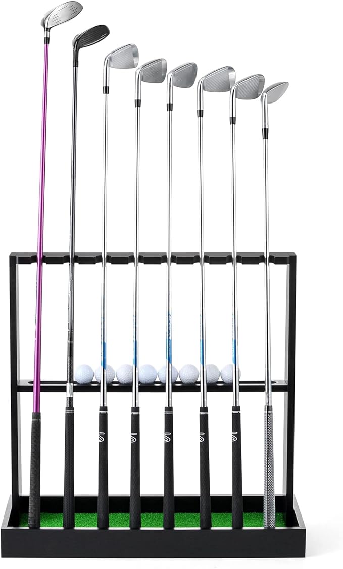 XCSOURCE Wooden Golf Putter Stand, Golf Club Holder Stand Floor Display Rack, Golf Club Rack for 8 Clubs and 12 Balls Storage, Golf Club Organizer for Indoor Home Office Club Simulator