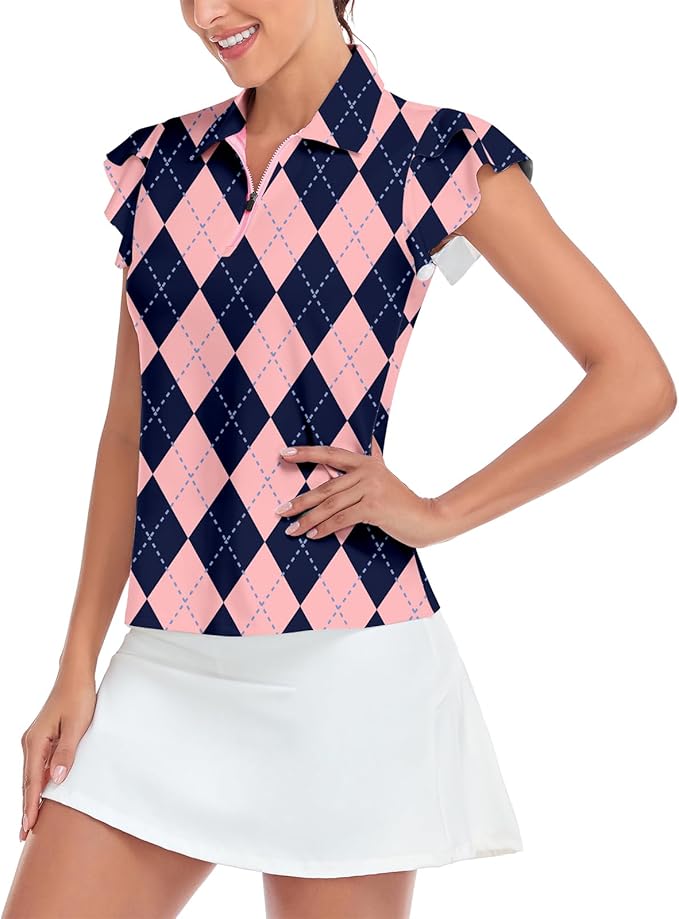 Soneven Womens Petal Sleeve Golf Shirts Moisture Wicking Lady Golf Apparel Print Tennis Sport T Shirt