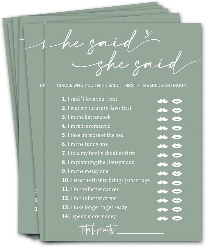 Minimalist Green Wedding Party Supplies: 25 Guest Bridal Shower Games by Wybgno