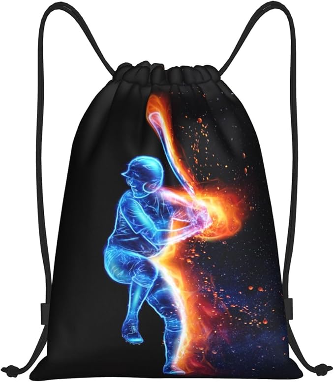 Sports-Themed Drawstring Bags with a Playing Baseball Man Pattern, Kids Drawstring Backpack Casual Knapsack for Boys Girls Adults Women Men, Black Rucksack Bags for Gym Travel Swimming Yoga, Small