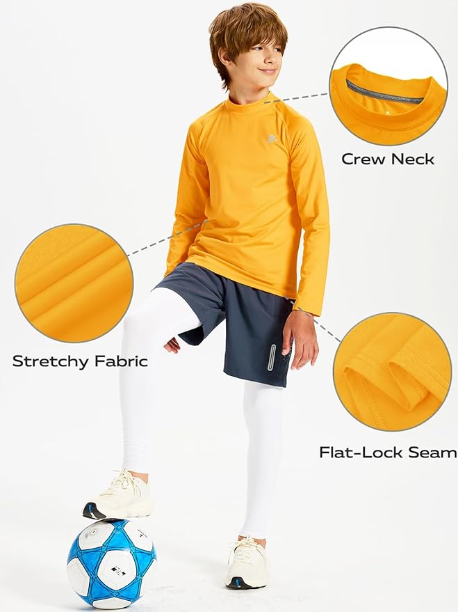 DEVOROPA Youth Boys Compression Thermal Shirt Long Sleeve Kids Fleece Baselayer Soccer Baseball Undershirt Slim/Regular/Husky