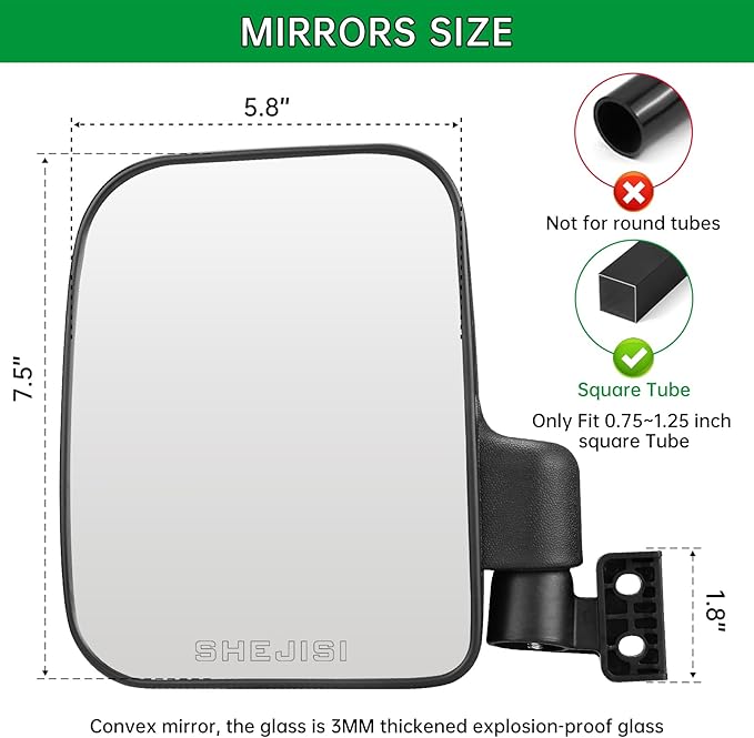 Golf Cart Mirror, Upgraded Hassle-Free Installation 3 Sizes for Square Tube Roll Cage Compatible with Club Car Onward DS,Yamaha Drive 2 G22 G29,EZ GO Medalist RXV TXT,ICON,Cushman,Tomberlin