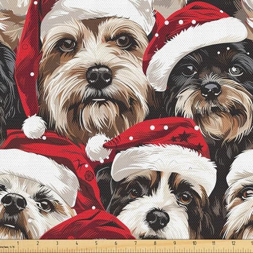 Lunarable Christmas Fabric by The Yard, Illustration Print Whimsical Happy Dogs and Puppies with Santa's Hat, Decorative Fabric for Upholstery and Home Accents, 1 Yard, Ruby Black and Brown