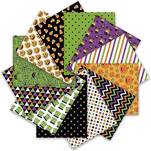 Whaline 12Pcs Halloween Cotton Fabric Bundles 10 x 10 Inch Spider Web Pumpkin Monster Fabric Squares Colorful Sewing Fabrics for DIY Craft Party Decor