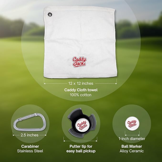 Golf Club Stand & Accessories | Designed to Minimize Bending on the Course | Multi-Club Holder, Ball Pick-Up Cap, Towel, Carabiner & Marker | Made in USA