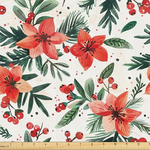 Lunarable Christmas Fabric by The Yard, Xmas Family Time Harmony and Love with Traditional Flowers Illustration, Decorative Fabric for Upholstery and Home Accents, 1 Yard, Vermilion Dark Green