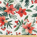 Lunarable Christmas Fabric by The Yard, Xmas Family Time Harmony and Love with Traditional Flowers Illustration, Decorative Fabric for Upholstery and Home Accents, 1 Yard, Vermilion Dark Green