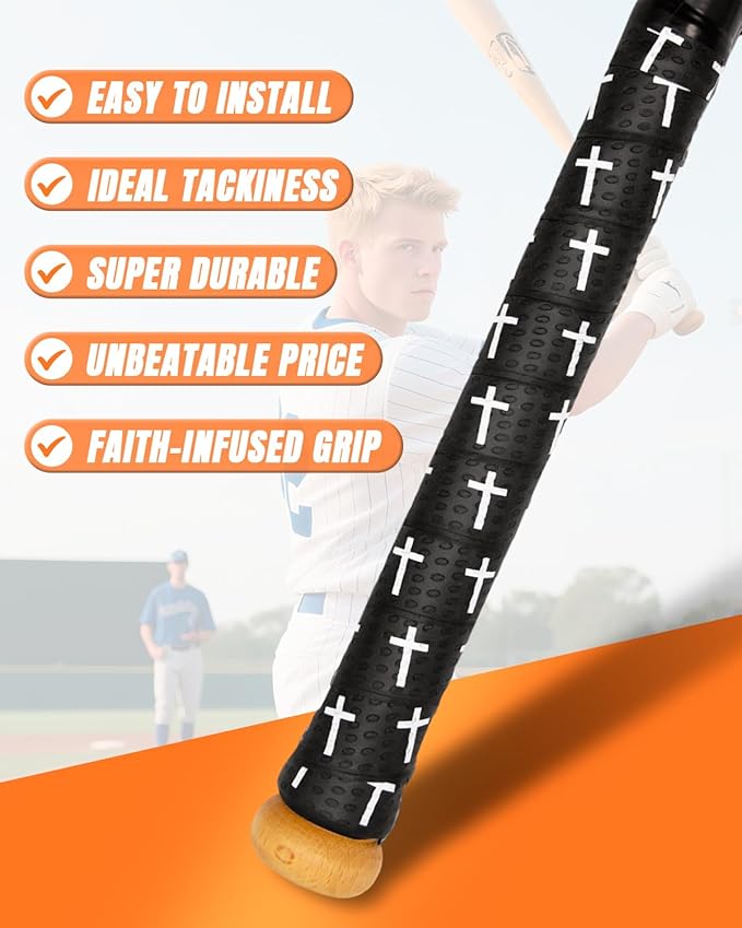 Piemow Baseball Bat Grip Tapes, Faith Cross Bat Grip Tape, 1.5mm Precut and Full Adhesive Baseball Wrist Tape, Scripture Designs Non-Slip Religious Baseball Grip Tapes for Sports