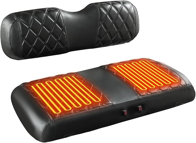 NOKINS Heated Golf Cart Seat Covers Kit - 3-Speed Heating, 5-Min Quick Warm-Up, 12V Power with Converter, Black and Black Stitching (Fits EZGO TXT 1994-2013/EZGO RXV OEM Standard Front Seat Cushion)