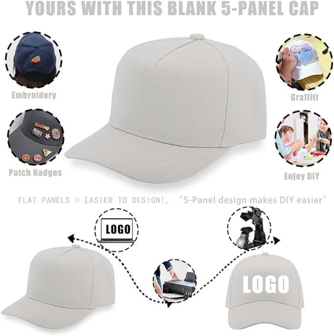 ZH 12 PC 5 Panel Baseball caps, Bulk Baseball caps, Customizable DIY Design, Wholesale Caps, One-Size-Fits-All