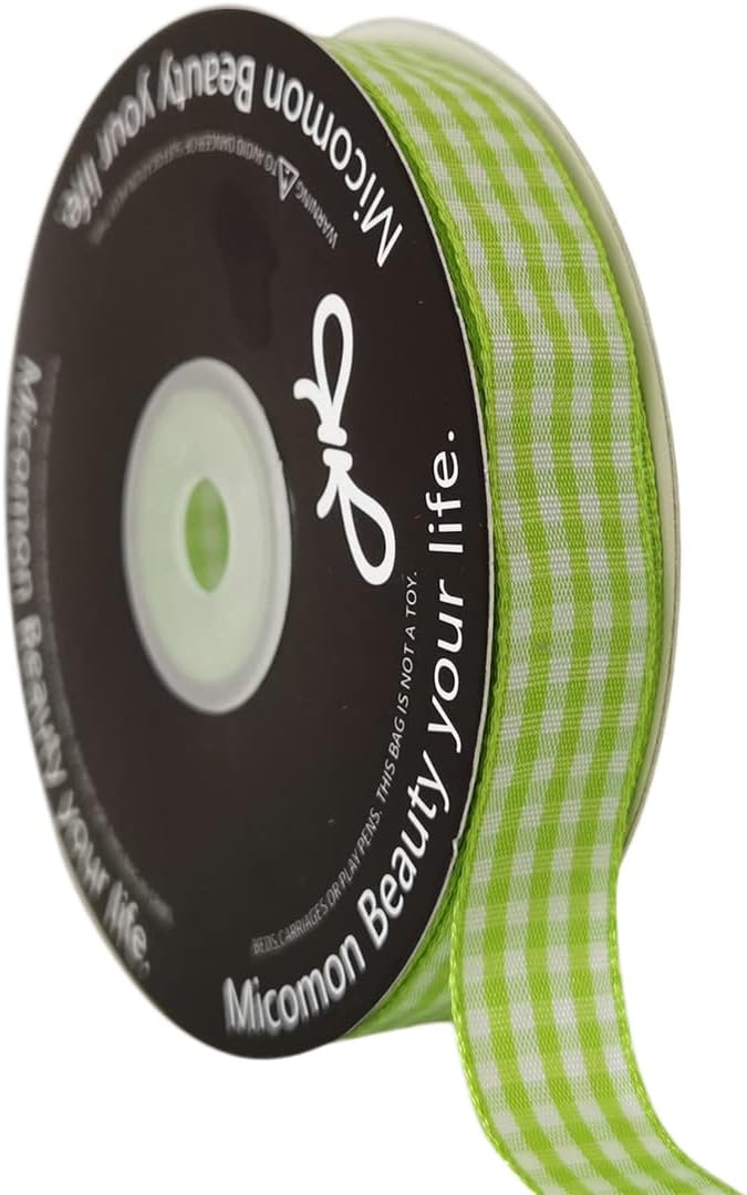 Apple Green Light Green Gingham Plaid Checked Ribbon 25 Yards Each Roll 100% by Micomon