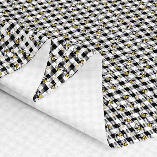 Cute Honeybee Upholstery Fabric for Chairs Black and White Buffalo Checkered Fabric by The Yard 36"x63", Kawaii Bee Lattice Plaid Beetles Honey Sewing Fabric for Kids Gifts