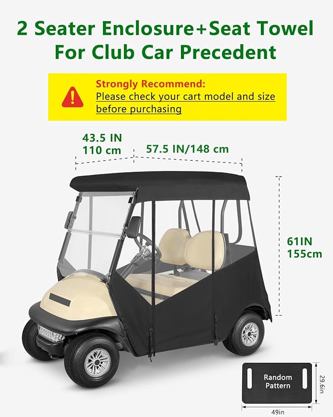 2 Passenger Golf Cart Enclosure for Club Car Precedent, 600D Waterproof Rain Driving Cover with 3 Sided Roll-Up Clear Windows & Doors, Heavy Duty Zippers & Side Mirror Openings