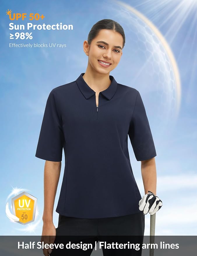 baleaf Women's Golf Shirts Half Sleeve Elbow Length Sleeves Polo Tops Workout Athletic Collared Quarter Zip V Neck UPF