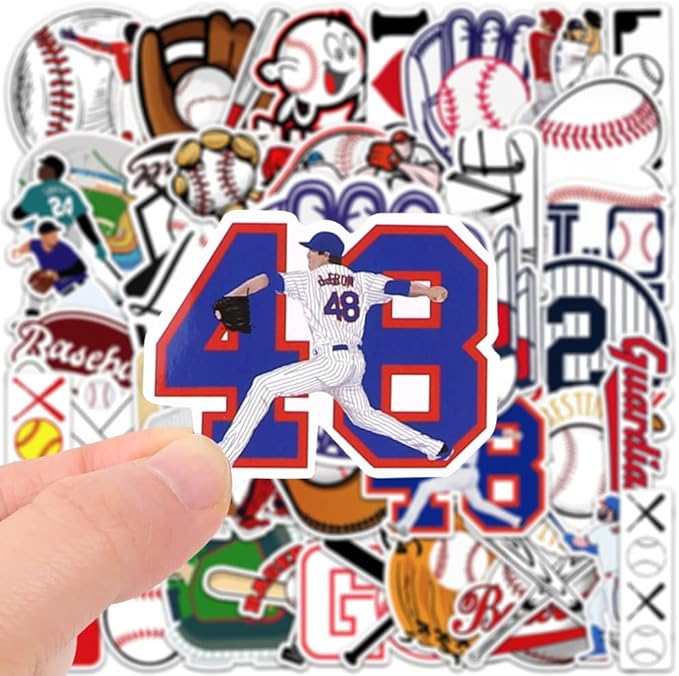 JOICEE 50pcs Baseball Stickers，Waterproof Vinyl Baseball Tattoos for Kids Teens Boys Adults, Sports Decals for Snowboard Laptop Water Bottles Hydro Flasks Phone Guitar Skateboard Computer