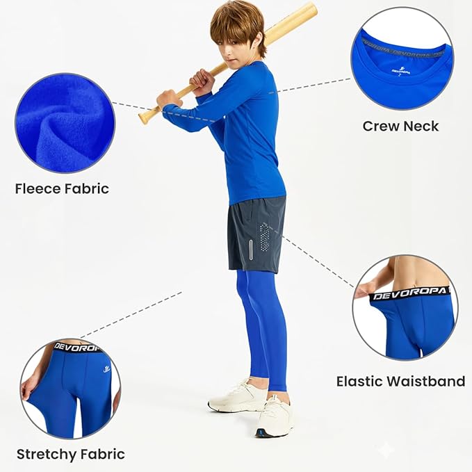 DEVOROPA Youth Boys Compression Thermal Shirt Long Sleeve Kids Fleece Baselayer Soccer Baseball Undershirt Slim/Regular/Husky