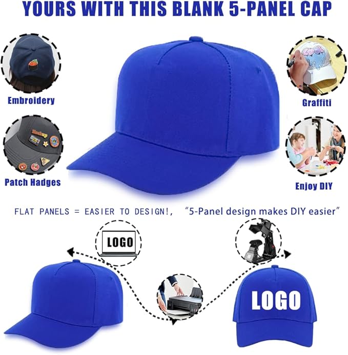 ZH 12 PC 5 Panel Baseball caps, Bulk Baseball caps, Customizable DIY Design, Wholesale Caps, One-Size-Fits-All