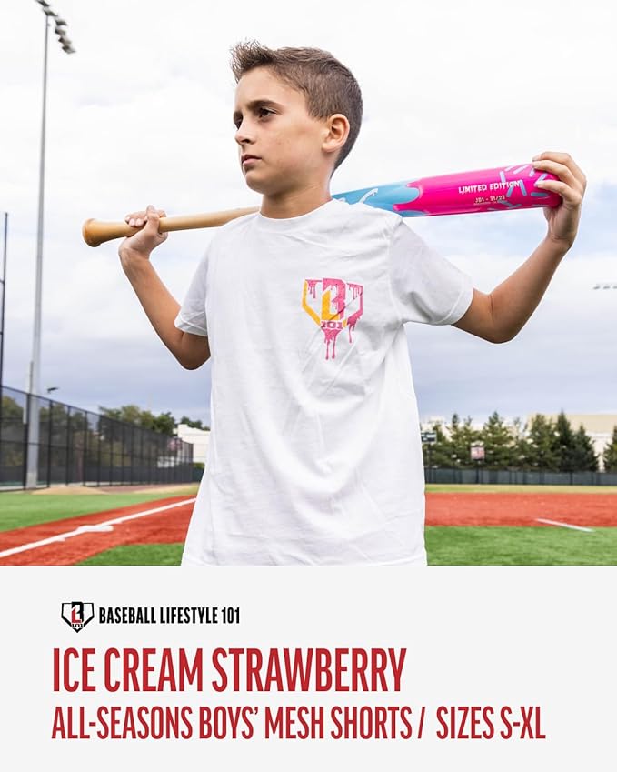 Baseball Lifestyle 101 Boy's Ice Cream Strawberry Mesh Shorts w/Side Pockets Elastic Waist, 5 in Inseam, Youth Sizes S-XL