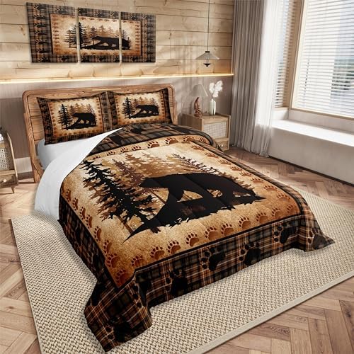 Castle Fairy Bear Print Full Size Comforter Set,Wild Animal Hunt Pine Trees Retro Bedding Comforters Bedroom Collection,Rustic Grid Plaid Cabin Decor Bedding Set for Girls Teens