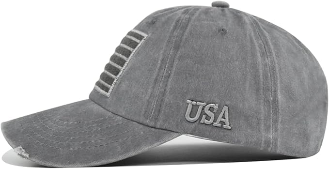 American Flag Baseball Cap, Embroidery Adjustable Washed Vintage Cotton Denim Distressed Hat for Women Men