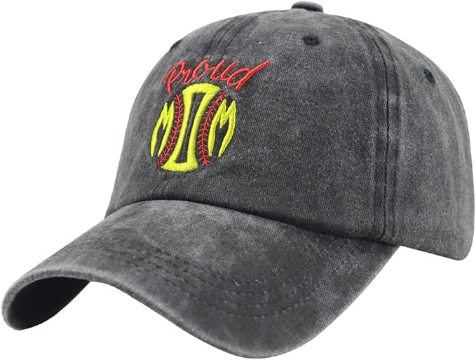 Funny Proud Softball Mom Hat for Women, Adjustable Embroidered Distressed Washed Cotton Baseball Mom Cap