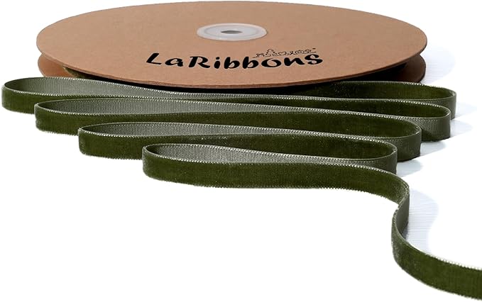 LaRibbons Thin Velvet Ribbon 3/8 Inch x 25 Yards, Moss Green Velvet Ribbon by LaRibbons